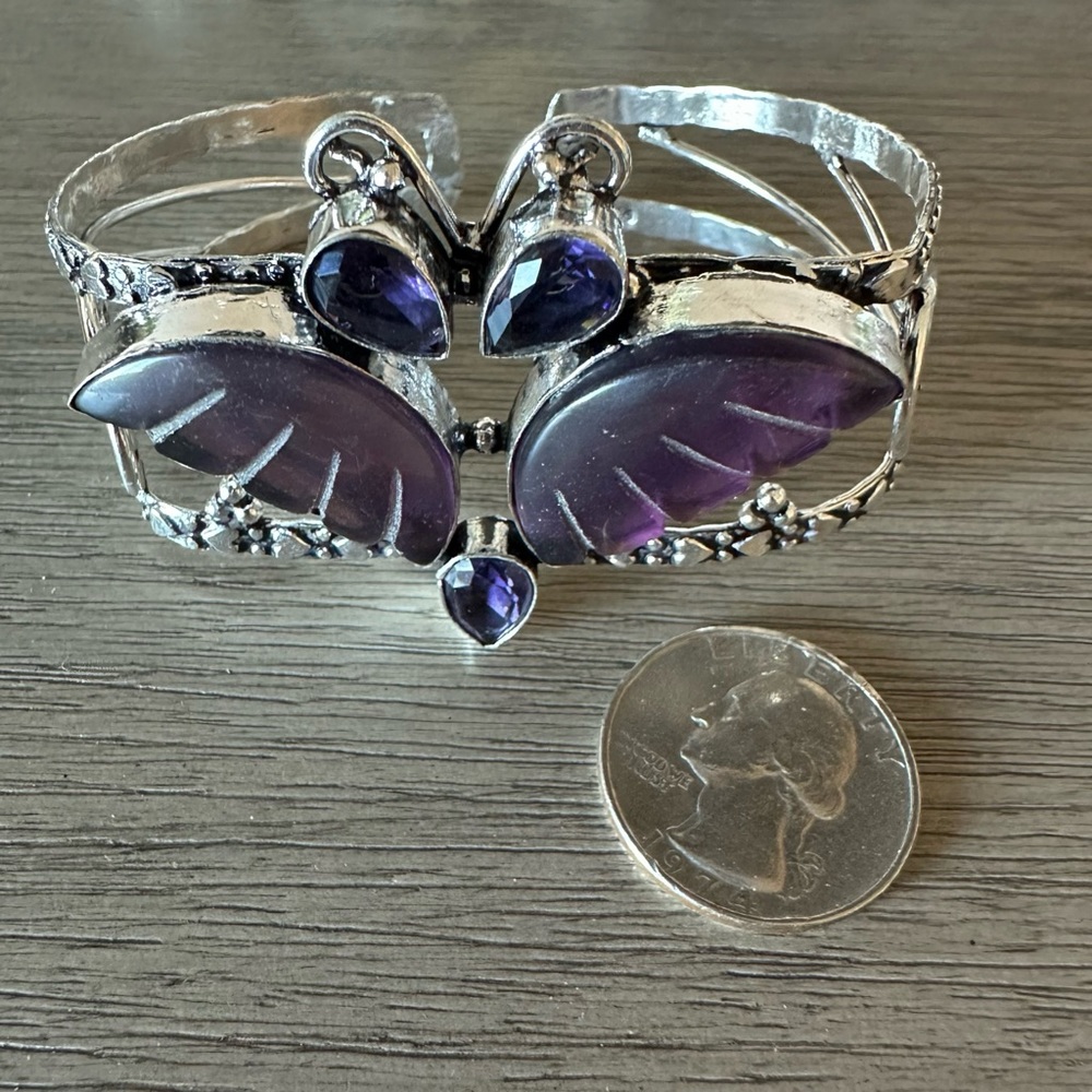 🆑 0876 Amethyst Handmade Adjustable Bangle Statement Bracelet Silver Cuff - Picture 5 of 10